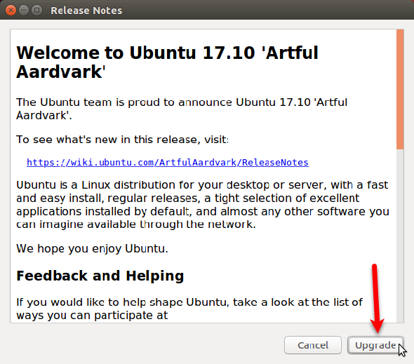 Boîte de dialogue Notes de publication pour la mise à niveau vers Ubuntu 17.10