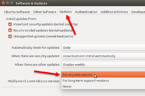 Modifier le paramètre pour être averti de toute nouvelle version d'Ubuntu
