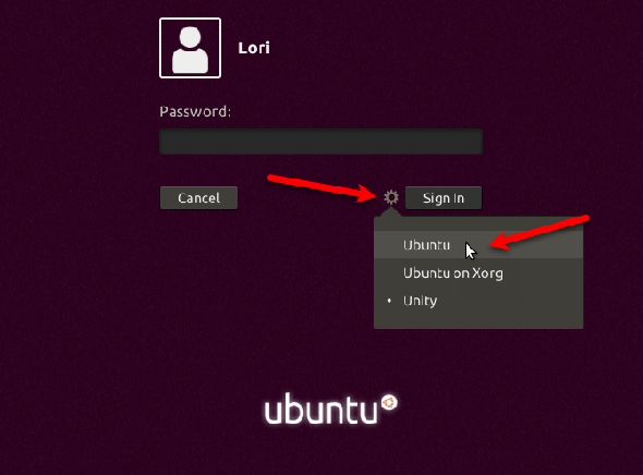Sélectionnez le bureau Ubuntu avant de vous connecter