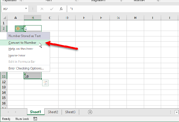 Fonctions de texte Excel Sélectionnez Convertir en nombre sur la colonne