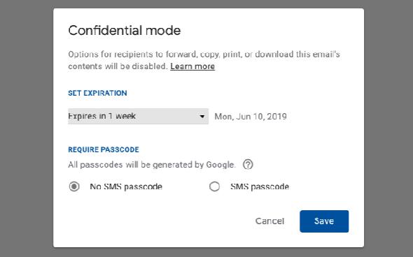 Paramètres du mode confidentiel dans Gmail sur le Web