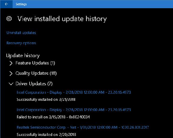 Windows 10 Mises à jour récentes des pilotes