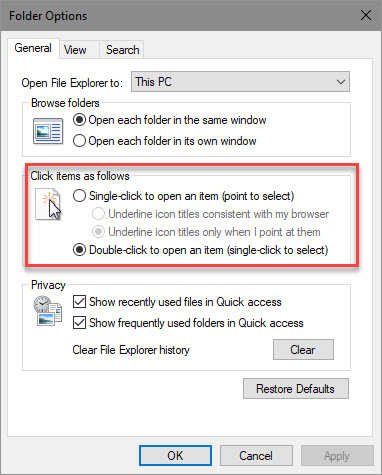 Comment réparer un double clic de souris dans Windows Windows Option Single Click