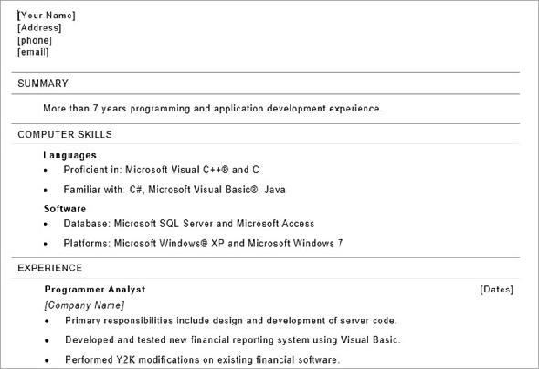 CV de Microsoft modèles CV de programmeur