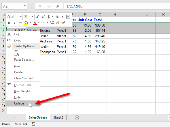 Afficher les lignes dans Excel