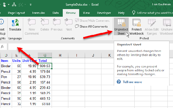 Cliquez sur Déprotéger la feuille dans Excel