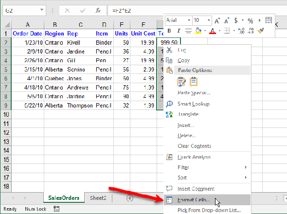 Sélectionnez Format Cells pour masquer les formules dans Excel