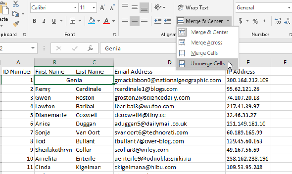 comment annuler la fusion de cellules dans le bouton Excel Annuler la fusion de cellules dans Excel