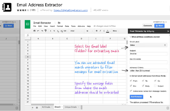 google sheets add ons Extracteur d'adresse e-mail