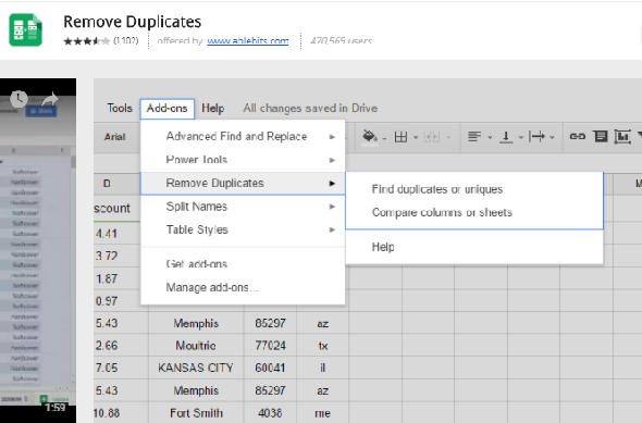 google sheets add ons Supprimer les doublons