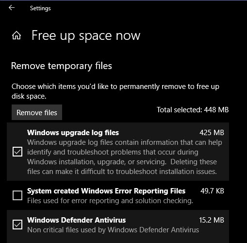 Mise à jour d'avril 2018 de Windows 10 Free Storage