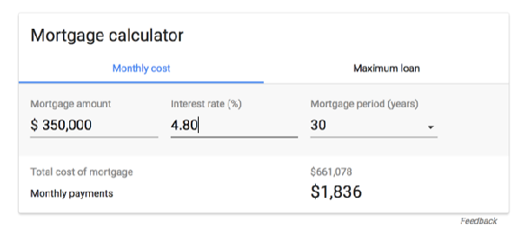 Calculateur hypothécaire dans Google's results page