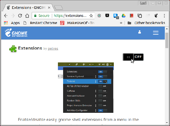Activer une extension sur le site Web des extensions GNOME dans Chrome