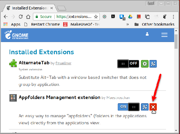 Désinstaller une extension sur le site Web des extensions GNOME