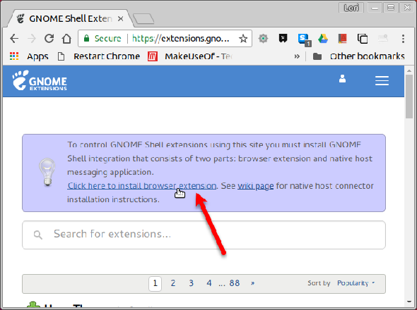 Message d'intégration de GNOME Shell dans Chrome