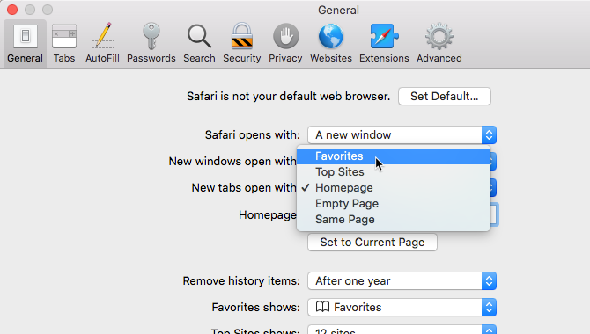 Nouveaux onglets ouverts avec option dans Safari's settings