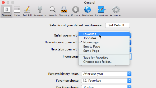 Nouvelles fenêtres ouvertes avec option dans Safari's settings