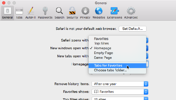 Sélectionner des onglets pour les favoris dans Open Safari avec option dans Safari's settings
