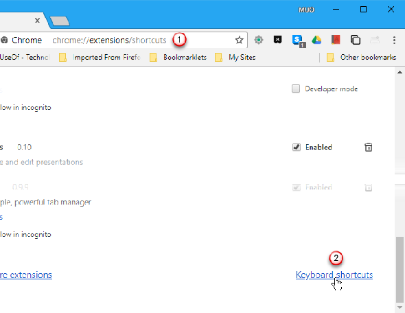 Cliquez sur Raccourcis clavier sur la page Extensions dans Chrome.
