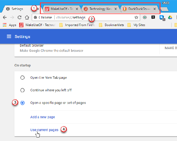 Cliquez sur Utiliser les pages actuelles dans Chrome.'s settings