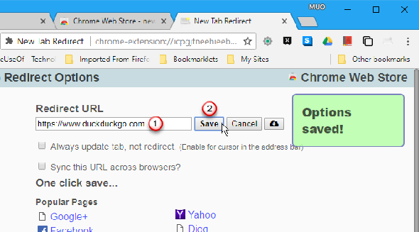 Entrez l'URL dans les options de redirection de nouvel onglet dans Chrome
