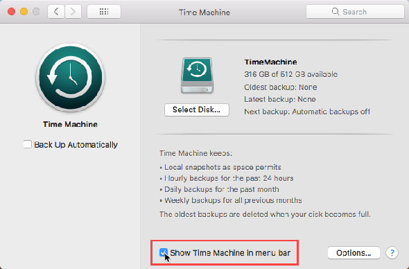 Afficher Time Machine dans la barre de menus Mac