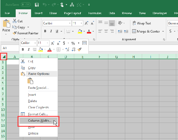 Sélectionnez toutes les cellules, puis sélectionnez Largeur de colonne dans Excel.