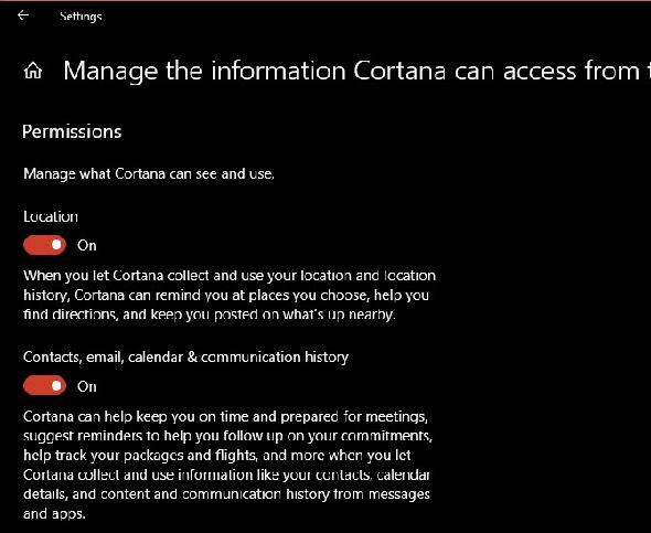 Informations d'accès Cortana