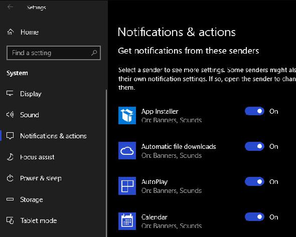 Options de notification Windows 10