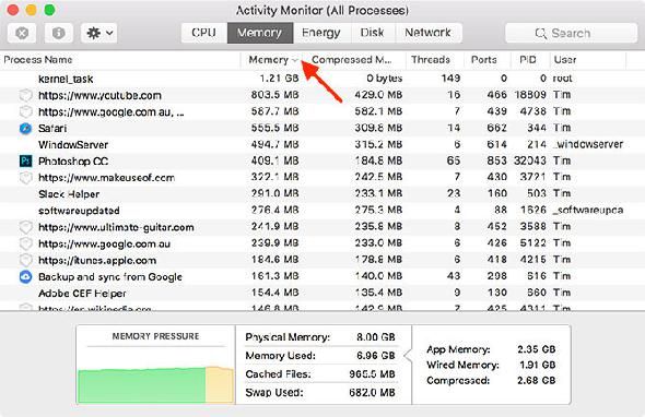 Utilisation de la mémoire du moniteur d'activité Mac