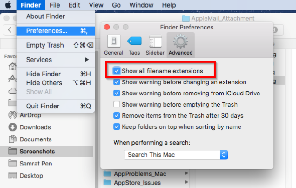affiche toutes les extensions de nom de fichier dans le Finder