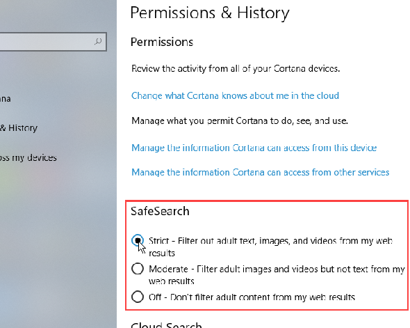 Paramètres Cortana SafeSearch