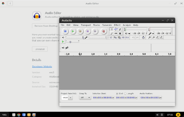 L'éditeur audio VLC est ouvert sur le bureau Endless OS