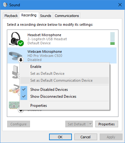 Périphériques d'enregistrement Windows 10