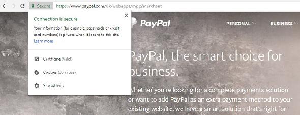 Avis de sécurité Chrome sur PayPal.com