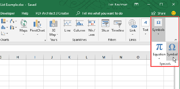 Cliquez sur Symboles dans l'onglet Insertion dans Excel