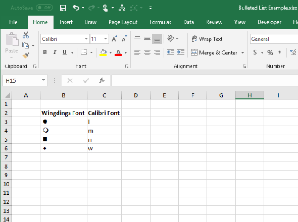 Lettres dans la police Calibre et les symboles équivalents dans la police Wingdings dans Excel