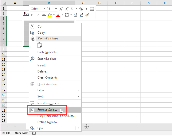 Sélectionnez Format Cells dans le menu contextuel dans Excel.