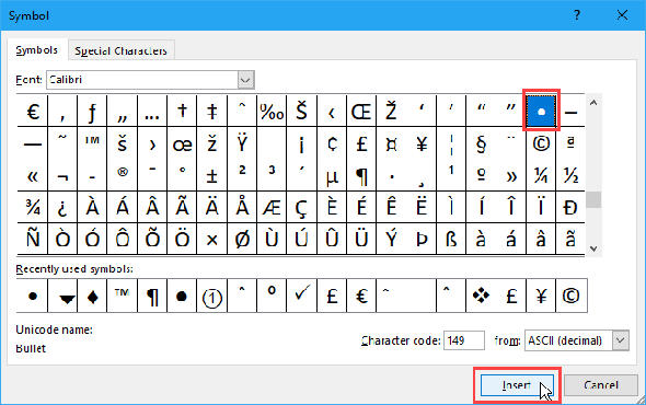 Sélectionnez une puce dans la boîte de dialogue Symbole dans Excel