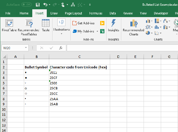 Symboles Bullet et codes de caractères au format hexadécimal dans Excel