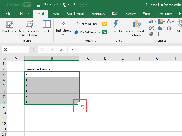 Utiliser le remplissage automatique dans Excel pour copier et coller des puces