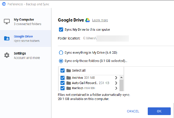 Synchronisation sélective de Google Drive