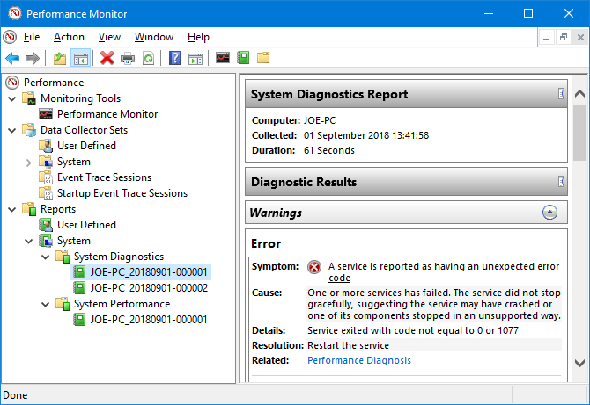 Résultats de diagnostic de l'Analyseur de performances Windows 10