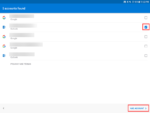 Sélectionnez un compte dans Outlook pour Android