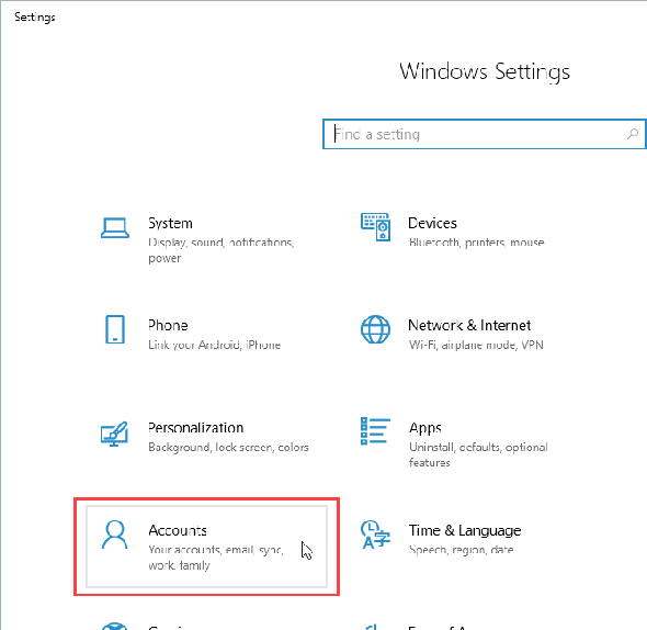Cliquez sur Comptes dans Paramètres dans Windows 10