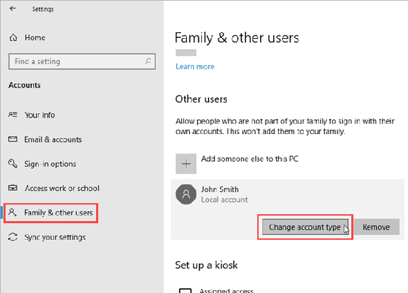 Cliquez sur Modifier le type de compte sous Autres utilisateurs dans Paramètres Windows 10.