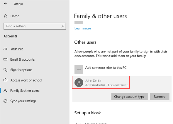 Compte standard changé en compte d'administrateur dans Windows 10