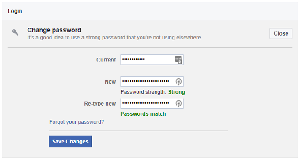 Écran Modifier le mot de passe Facebook