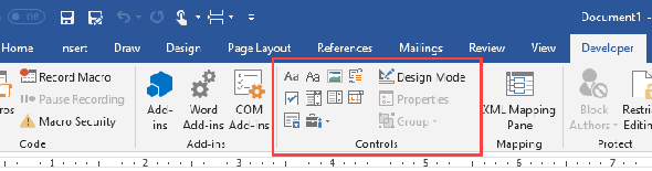 Section de contrôle de l'onglet Développeur dans Microsoft Word