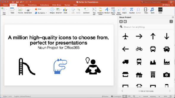 Le complément de projet de nom pour Powerpoint donne des icônes gratuites et des émoticônes